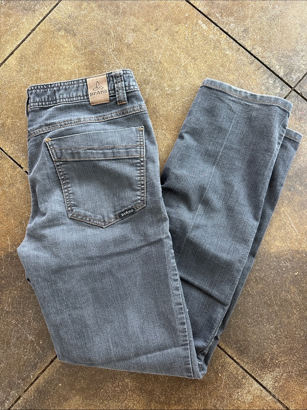 Prana Grey Straight Jeans with Subtle Fading.  Grey/blue color